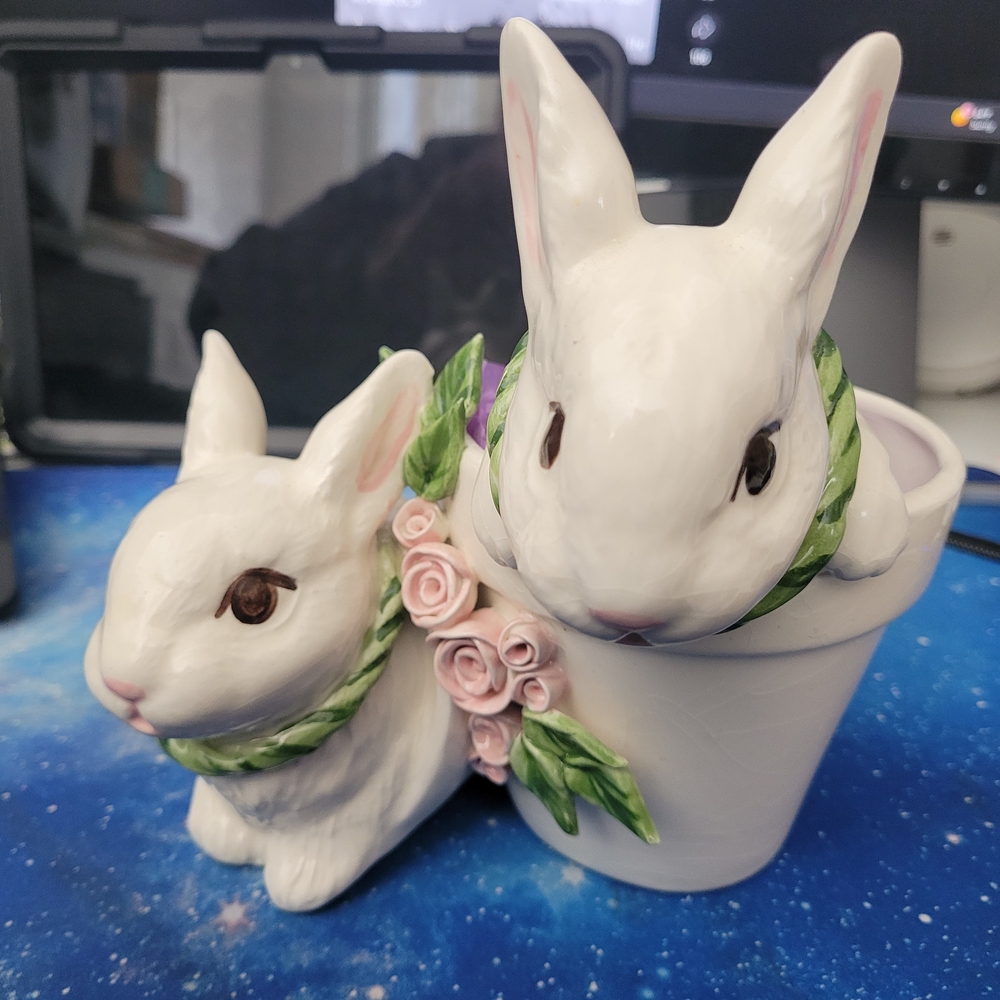 Mud Pie White and Pink Ceramic Rabbit Figurines